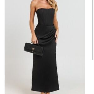 Showpo AVERY MIDI DRESS - STRAPLESS DRAPED SIDE SPLIT DRESS IN BLACK